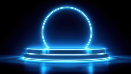 Poster - A glowing blue neon circle with a platform on a dark background, creating a futuristic and modern stage appearance.