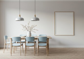 Poster - Dining room features a wooden table with chairs and a vase of flowers under lamps