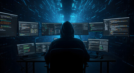 Poster - Person in Hoodie surrounded by Multiple Computer Screens Displaying Code and Bright Blue Digital Particles in a Dark Room