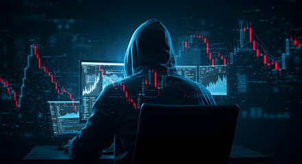Poster - Silhouette of Hooded Hacker Overlooking Falling Stock Market Charts on Multiple Computer Screens in Dark Cyberpunk Style