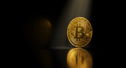 Aufkleber - Golden Bitcoin Coin Detailed Digital Currency on Dark Background with Spotlight Effect