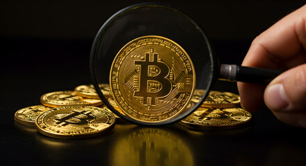 Aufkleber - Golden Bitcoin Coins with Magnifying Glass Against Black Background for Investment and Digital Currency Concept
