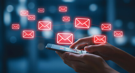 Poster - Hands Hold Smartphone Surrounded by Glowing Red Envelope Icons Against Blue Bokeh Background Communication and Technology Theme