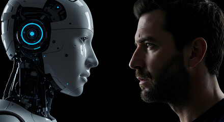 Poster - Humanoid Robot with Blue Internal Lighting Facing a Man in a Dark Studio Setting