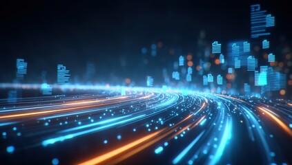 Poster - A futuristic cityscape with glowing data streams and digital document icons, representing fast information transfer and technology connectivity.