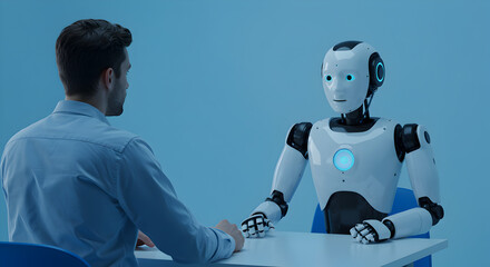 Poster - Man in Blue Shirt Interacting with White and Gray Humanoid Robot at Table in a Light Blue Background