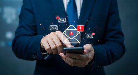 Poster - Man in Blue Suit Interacts With Smartphone Surrounded by Digital Email Icons and Red Exclamation Points on Blurred Blue Background