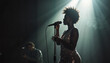 © ARTem - African-American jazz diva passionately singing into a microphone on a dark stage illuminated by smoky white light, evoking timeless emotion.