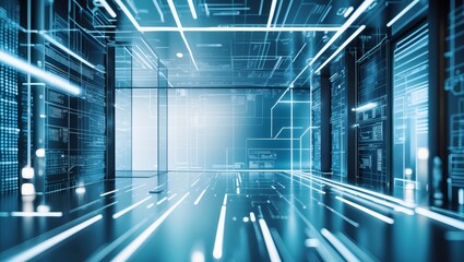 Aufkleber - Inside the high-tech server room with a futuristic atmosphere. This scene evokes a sense of cutting-edge technology and advanced infrastructure. The room features glowing lines and advanced systems.