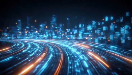Poster - A futuristic cityscape with glowing data streams and digital document icons, representing fast information transfer and technology connectivity.