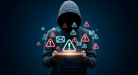 Poster - Mysterious Hooded Figure Holds a Glowing Tablet Surrounded by Red Warning Icons on a Deep Blue Background