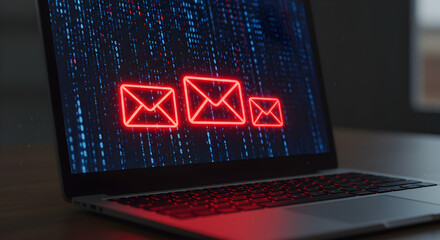Poster - Red Envelope Icons Glowing on a Laptop Screen Displaying a Blue Digital Matrix on Dark Brown Surface