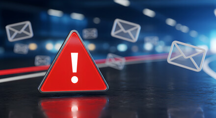 Poster - Red Triangular Warning Sign with Envelopes in a Blurred Cityscape Background
