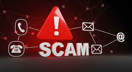 Poster - Red Warning Sign over Scam Text with Phone and Email Icons on Dark Background