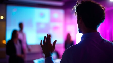 Poster - Engaging presentation in a modern office setting with colorful lighting during a team meeting