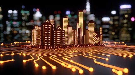 Poster - Illuminated Cityscape Model on Circuit Board at Night