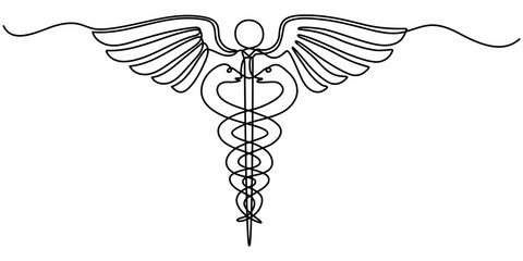 Leinwandbilder - Medical symbol caduceus. Continuous one line art drawing of Vector illustration, Single continuous line drawing caduceus, medical center, pharmacy, hospital with popular symbol of medicine. Medical. 