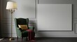 © Meow Creations - Classical living room corner with green velvet armchair lamp and blank canvas wall