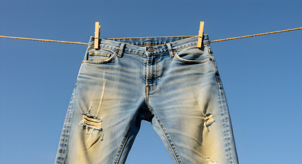 Aufkleber - Blue Distressed Jeans Hung on Clothesline Under Clear Sky with Wooden Clothespins and Faded Denim Texture in Natural Light