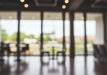 Poster - Blurred interior view of a room with tables chairs and large windows letting in natural light