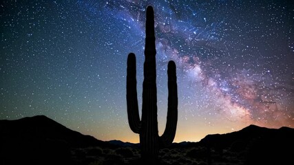 Cactus silhouette against galaxy sky filled with stars and glowing Milky Way, peaceful desert night landscape in cosmic stargazing setting