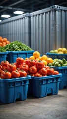Poster - A warehouse filled with blue crates of fresh produce, including tomatoes, peppers, and cucumbers.
