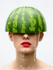 Poster - Watermelon on head of woman, dripping water, red lipstick, white background.