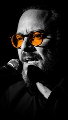 Poster - Man wearing orange glasses and black shirt speaking into microphone.