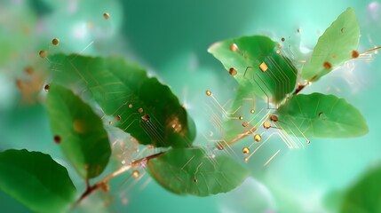 Poster - Green leaves intertwined with technology represent nature and innovation in a creative blend