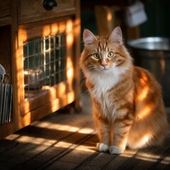 Aufkleber - A Ginger Cat in Golden Hour Light: A Warm and Cozy Portrait of a Fluffy Feline Relaxing by Vintage Furniture