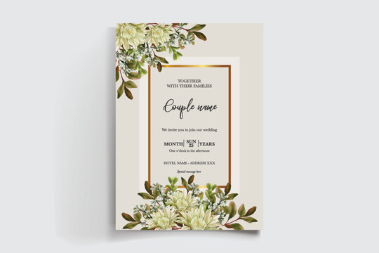 WEDDING INVITATION FRAME WITH FLOWER DECORATIONS AND FRESH LEAVES