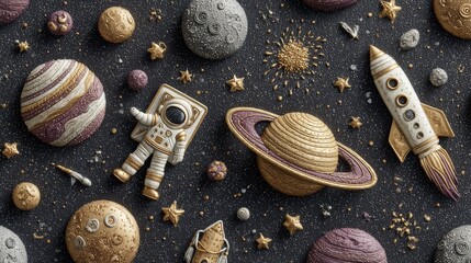 Wall Mural - flat lay of space science elements with planets and rockets