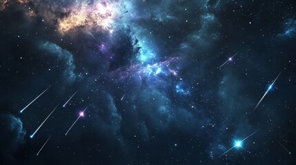 Wall Mural - A dark outer-space background with bright shooting stars 