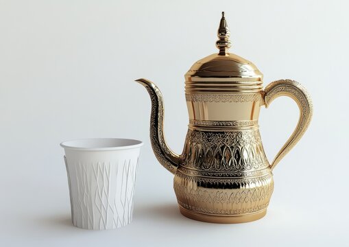 Gold-colored ornate teapot and cup