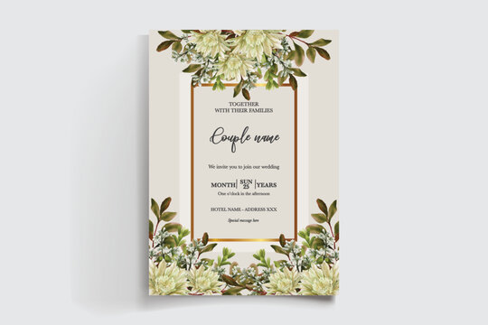 WEDDING INVITATION FRAME WITH FLOWER DECORATIONS AND FRESH LEAVES