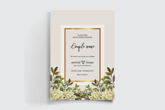 WEDDING INVITATION FRAME WITH FLOWER DECORATIONS AND FRESH LEAVES
