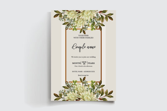 WEDDING INVITATION FRAME WITH FLOWER DECORATIONS AND FRESH LEAVES
