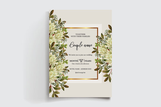 WEDDING INVITATION FRAME WITH FLOWER DECORATIONS AND FRESH LEAVES