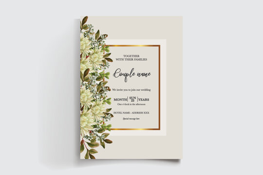 WEDDING INVITATION FRAME WITH FLOWER DECORATIONS AND FRESH LEAVES