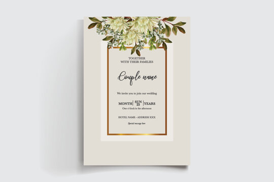 WEDDING INVITATION FRAME WITH FLOWER DECORATIONS AND FRESH LEAVES