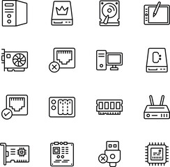 computer hardware line editable icon set. containing pc case, graphics card, processor, telephone an