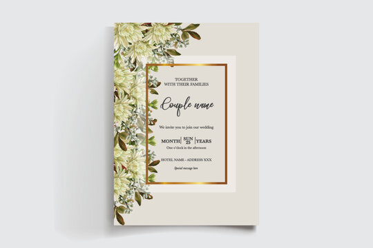 WEDDING INVITATION FRAME WITH FLOWER DECORATIONS AND FRESH LEAVES