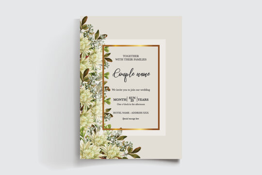 WEDDING INVITATION FRAME WITH FLOWER DECORATIONS AND FRESH LEAVES