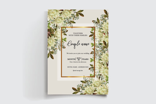 WEDDING INVITATION FRAME WITH FLOWER DECORATIONS AND FRESH LEAVES