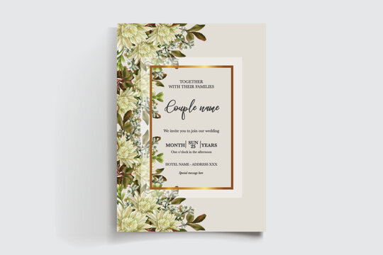 WEDDING INVITATION FRAME WITH FLOWER DECORATIONS AND FRESH LEAVES