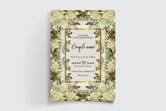WEDDING INVITATION FRAME WITH FLOWER DECORATIONS AND FRESH LEAVES