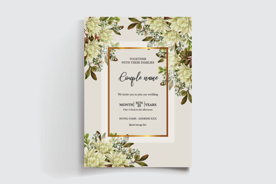 WEDDING INVITATION FRAME WITH FLOWER DECORATIONS AND FRESH LEAVES