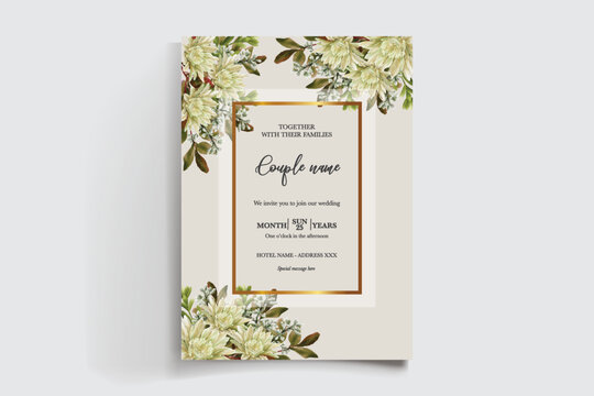 WEDDING INVITATION FRAME WITH FLOWER DECORATIONS AND FRESH LEAVES