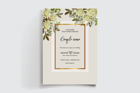 WEDDING INVITATION FRAME WITH FLOWER DECORATIONS AND FRESH LEAVES