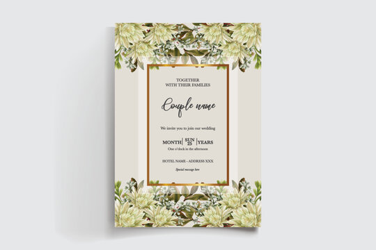 WEDDING INVITATION FRAME WITH FLOWER DECORATIONS AND FRESH LEAVES